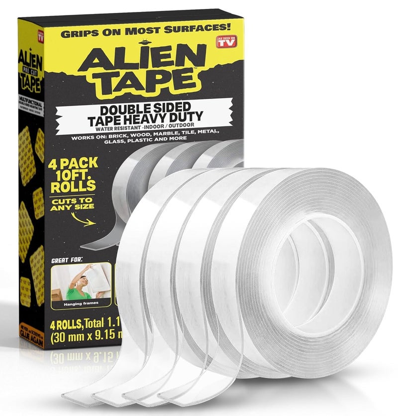 ALIEN TAPE Heavy Duty Double Sided Tape, Nano Tape, Feet Clear Adhesive Tape for Poster Photo Wall Decor As Seen on TV, (4 Rolls - 40 Feet) - Image 1
